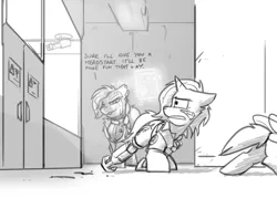 Size: 3500x2500 | Tagged: safe, artist:captainhoers, derpibooru import, oc, unofficial characters only, pony, unicorn, amputee, butt, cyberpunk, dialogue, floppy ears, grayscale, gritted teeth, image, jpeg, mocking, monochrome, offscreen character, plot, prosthetic leg, prosthetic limb, prosthetics, teeth, trio