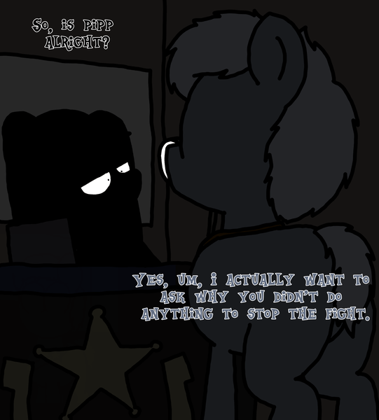 Size: 3023x3351 | Tagged: safe, artist:professorventurer, derpibooru import, oc, oc:deputy daniel strauss, series:ask pippamena, deputy, image, png, police station, shadowy figure, sheriff