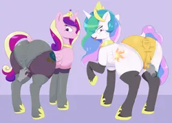 Size: 3500x2500 | Tagged: suggestive, artist:maldoando, derpibooru import, princess cadance, princess celestia, alicorn, pony, butt, butt touch, clothes, duo, duo female, female, fetish, frilly underwear, hand on butt, huge butt, image, large butt, panties, pantyhose, png, smiling, socks, tongue out, underwear, white underwear, yellow underwear