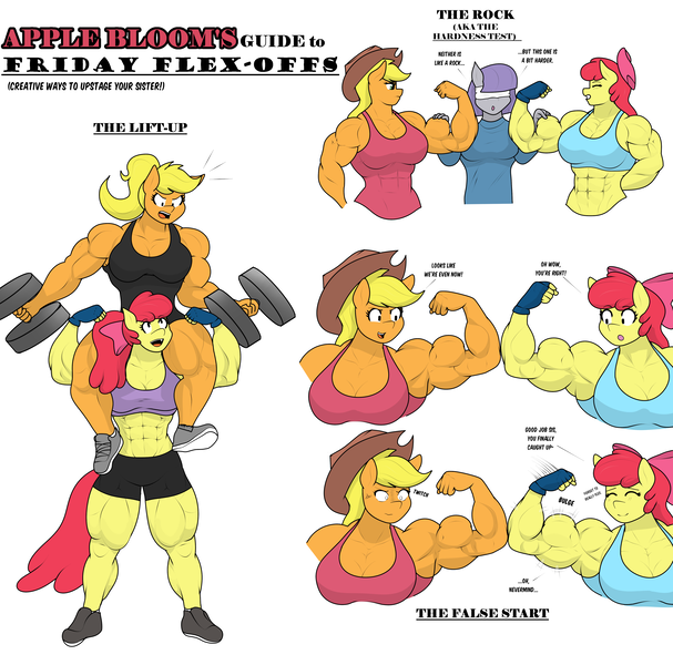 Size: 4280x4228 | Tagged: safe, artist:matchstickman, derpibooru import, apple bloom, applejack, maud pie, anthro, earth pony, plantigrade anthro, pony, abs, apple bloom's bow, apple brawn, applejack's hat, applejacked, armpits, biceps, blindfold, blindfold test, bow, breasts, busty apple bloom, busty applejack, busty maud pie, clothes, comic, cowboy hat, deltoids, dialogue, dumbbell (object), female, fingerless gloves, flexing, gloves, hair bow, hat, image, mare, matchstickman's apple brawn series, muscles, muscular female, older, older apple bloom, pecs, png, shoes, simple background, thighs, thunder thighs, triceps, weight lifting, weights, white background