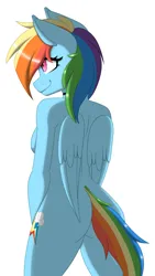 Size: 1547x2736 | Tagged: suggestive, artist:melodytheartpony, derpibooru import, rainbow dash, anthro, pegasus, back, breasts, butt, cute, cutie mark, doodle, eyelashes, feathered wings, female, hips, image, looking away, multicolored mane, png, rainbow, rainbutt dash, rear view, signature, simple background, smiling, white background, wings
