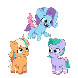 Size: 1466x1466 | Tagged: safe, artist:ben81398, derpibooru import, earth pony, pegasus, pony, unicorn, g5, my little pony: tell your tale, spoiler:g5, spoiler:my little pony: tell your tale, bow, female, filly, flying, foal, glory (g5), image, peach fizz, pippsqueak trio, pippsqueaks, png, seashell (g5), simple background, smiling, spread wings, tail, tail bow, transparent background, trio, trio female, wings