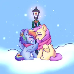 Size: 1280x1280 | Tagged: safe, artist:plushieefeelfeelings, derpibooru import, fluttershy, rainbow dash, pegasus, pony, blushing, boop, clothes, cute, dashabetes, ear blush, eyes closed, female, flutterdash, grin, image, lamppost, lesbian, mare, missing cutie mark, noseboop, png, scarf, shared clothing, shared scarf, shipping, shyabetes, sitting, smiling, snow, snowfall, spread wings, wings, wreath