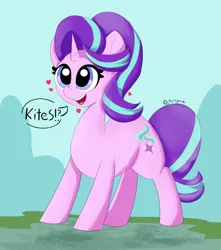 Size: 3000x3400 | Tagged: safe, artist:hymyt2, derpibooru import, starlight glimmer, pony, unicorn, cute, female, glimmerbetes, happy, heart, image, kite, looking up, mare, newbie artist training grounds, open mouth, open smile, png, simple background, smiling, text, that pony sure does love kites