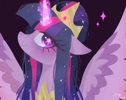 Size: 1024x810 | Tagged: safe, artist:petaltwinkle, derpibooru import, princess twilight 2.0, twilight sparkle, twilight sparkle (alicorn), alicorn, pony, the last problem, alternate hairstyle, black background, blushing, bust, crown, cutie mark eyes, ethereal mane, female, glow, glowing horn, hair bun, horn, image, jewelry, jpeg, mare, older, older twilight, peytral, regalia, signature, simple background, smiling, solo, spread wings, starry mane, wingding eyes, wings