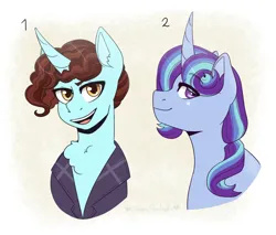 Size: 3074x2625 | Tagged: safe, artist:hahyh, derpibooru import, oc, oc:comedy gold, oc:stellar spectacle, unofficial characters only, pony, unicorn, abstract background, bust, chest fluff, duo, duo male, eye clipping through hair, image, jpeg, looking at you, magical lesbian spawn, male, offspring, open mouth, open smile, parent:cheese sandwich, parent:sassy saddles, parent:starlight glimmer, parent:trixie, parents:sassysandwich, parents:startrix, smiling, smiling at you, stallion