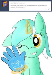 Size: 1840x2610 | Tagged: safe, artist:polynya, lyra heartstrings, oc, oc:ember blitz, pegasus, pony, female, hand, high five, image, magic, mare, pegasus oc, png, request, simple background, smiling at you, telekinesis, transparent background, tumblr, wings, winking at you