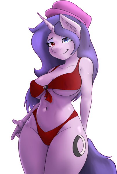 Size: 1208x1800 | Tagged: oc name needed, suggestive, artist:purplekatsnek, derpibooru import, oc, unofficial characters only, anthro, unicorn, anthro oc, belly button, bikini, clothes, erect nipples, female, heterochromia, horn, image, multiple variants, nipple outline, png, red bikini, red swimsuit, sapphire, simple background, solo, solo female, swimsuit, transparent background, unicorn oc, wide hips