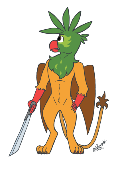 Size: 4169x6144 | Tagged: safe, artist:summerium, derpibooru import, oc, oc:kalimu, unofficial characters only, gryphon, belly fluff, claws, holding, image, leonine tail, looking sideways, male, mixed media, png, standing, sword, tail, weapon, wings