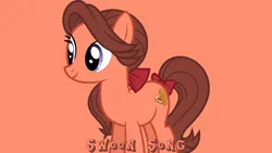 Size: 1920x1080 | Tagged: safe, artist:starryshineviolet, derpibooru import, edit, editor:jaredking779, swoon song, earth pony, pony, background pony, bow, female, hair bow, image, jpeg, mare, red background, simple background, smiling, solo, tail, tail bow