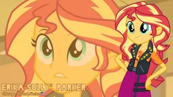 Size: 3410x1920 | Tagged: safe, artist:edy_january, artist:twilirity, derpibooru import, edit, edited screencap, screencap, sunset shimmer, human, equestria girls, alternate name, clothes, female, frown, geode of empathy, hand on hip, image, leather, leather vest, magical geodes, png, skirt, smiling, solo, spiked vest, vector used, vest