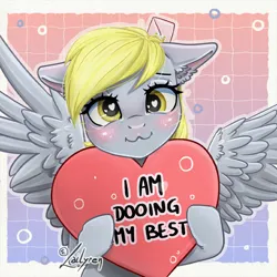 Size: 800x800 | Tagged: safe, artist:lailyren, derpibooru import, part of a set, derpy hooves, pegasus, pony, abstract background, female, heart, heart pillow, image, jpeg, looking at you, mare, misspelling, pillow, smiling, solo, spread wings, wings