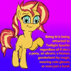 Size: 800x800 | Tagged: safe, derpibooru import, sunset shimmer, pony, unicorn, bisexual, bisexual pride flag, dialogue, equestria girls 10th anniversary, female, gradient background, image, implied dusk shine, implied lesbian, implied sci-twi, implied scitwishimmer, implied shipping, implied straight, implied sunsetsparkle, lesbian, pansexual, png, pride, pride flag, shipping, solo, text