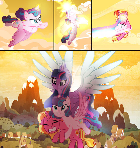 Size: 1280x1354 | Tagged: safe, artist:hate-love12, derpibooru import, luster dawn, princess flurry heart, twilight sparkle, twilight sparkle (alicorn), alicorn, pony, base used, flying, image, jpeg, magic, older