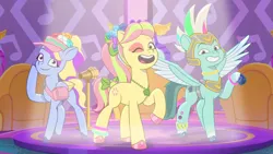 Size: 3072x1727 | Tagged: safe, derpibooru import, screencap, posey (g5), earth pony, pegasus, pony, g5, my little pony: tell your tale, spoiler:g5, spoiler:my little pony: tell your tale, spoiler:tyts01e55, bridlewoodstock (tell your tale), female, fifi (g5), grin, image, jpeg, looking at you, male, mare, open mouth, open smile, smiling, smiling at you, spread wings, stallion, thunder flap, trio, wings