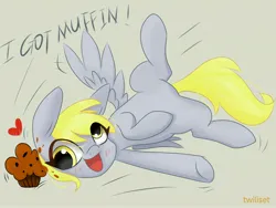 Size: 4096x3072 | Tagged: safe, artist:twiliset, derpibooru import, derpy hooves, pegasus, pony, cute, cute face, food, happy, heart, image, jpeg, marching, muffin, open mouth, rush, simple background, solo, spread wings, that pony sure does love muffins, touching, wings
