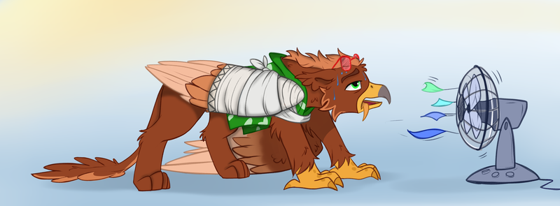 Size: 4422x1629 | Tagged: safe, artist:rutkotka, derpibooru import, oc, oc:pavlos, unofficial characters only, gryphon, bandage, beak, broken bone, broken wing, cast, claws, clothes, colored wings, eared griffon, fan, gradient background, griffon oc, hawaiian shirt, hot, image, injured, leg fluff, one wing out, panting, png, shirt, sling, solo, sunglasses, sweat, wing fluff, wings