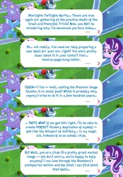 Size: 2048x2949 | Tagged: safe, derpibooru import, official, starlight glimmer, trixie, pony, unicorn, brooch, cape, clothes, dialogue, dialogue box, english, event, female, gameloft, hat, horn, image, implied rarity, implied twilight sparkle, jewelry, mare, mobile game, my little pony: magic princess, png, speech bubble, text, trixie's cape, trixie's hat