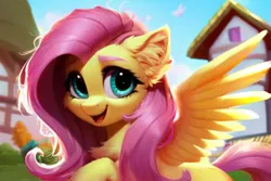 Size: 960x640 | Tagged: safe, derpibooru import, editor:nightluna, machine learning generated, stable diffusion, fluttershy, pegasus, pony, ai content, chest fluff, colored eyebrows, cute, ear fluff, eyelashes, female, generator:purplesmart.ai, image, jpeg, mare, messy mane, one leg raised, open mouth, open smile, outdoors, prompter:nightluna, shyabetes, sky, smiling, solo, spread wings, wings