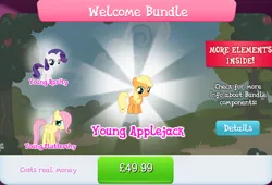 Size: 1269x861 | Tagged: safe, derpibooru import, official, applejack, fluttershy, rarity, earth pony, pegasus, pony, unicorn, bundle, collection, costs real money, english, female, filly, foal, folded wings, gameloft, group, horn, image, jpeg, mare, mobile game, my little pony: magic princess, numbers, text, wings