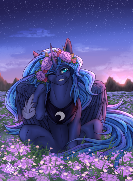 Size: 1649x2234 | Tagged: safe, artist:artmael sverr, derpibooru import, princess luna, alicorn, pony, female, floral head wreath, flower, image, looking at you, mare, one eye closed, png, raised leg, scenery, sitting, solo, stars, sunset