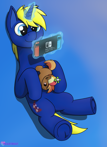 Size: 1900x2600 | Tagged: safe, artist:passionpanther, derpibooru import, button mash, oc, oc:power play, pony, unicorn, blue background, controller, image, magic, nintendo switch, plushie, png, simple background, solo, telekinesis