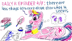 Size: 488x277 | Tagged: safe, artist:makise_homura, derpibooru import, twilight sparkle, alicorn, pony, fanfic:the enchanted library, 1000 hours in ms paint, book, crown, daily reminder, derpibooru exclusive, image, implied rarity, jewelry, motivational, png, quill, regalia, simple background, thought bubble, white background, writing