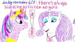 Size: 488x277 | Tagged: safe, artist:makise_homura, derpibooru import, rarity, twilight sparkle, alicorn, pony, unicorn, fanfic:the enchanted library, 1000 hours in ms paint, crown, daily reminder, derpibooru exclusive, embarrassed, image, jewelry, motivational, necklace, pendant, png, regalia, simple background, smiling, white background