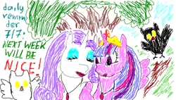 Size: 488x277 | Tagged: safe, artist:makise_homura, derpibooru import, rarity, twilight sparkle, twilight sparkle (alicorn), oc, oc:elara, oc:themis, alicorn, pony, unicorn, fanfic:the enchanted library, 1000 hours in ms paint, clinging, crown, daily reminder, derpibooru exclusive, forest, golden oaks library, happy, image, jewelry, library, motivational, necklace, pendant, png, regalia, shipping, tree