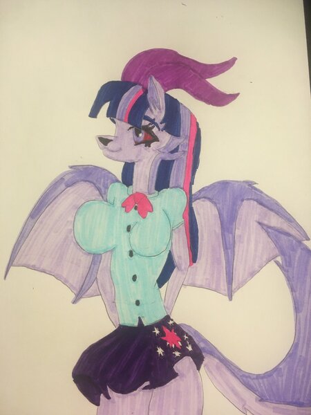 Size: 1536x2048 | Tagged: safe, artist:carlos324, derpibooru import, twilight sparkle, alicorn, anthro, hellhound, wolf, breasts, busty twilight sparkle, drawing, image, jpeg, marker drawing, my little pony, red eyes, traditional art