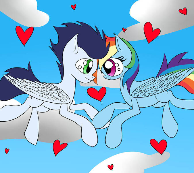 Size: 948x843 | Tagged: safe, artist:yourfavoritelove, derpibooru import, rainbow dash, soarin', pegasus, pony, cloud, female, heart, image, jpeg, looking at each other, looking at someone, male, mare, shipping, sky, smiling, smiling at each other, soarindash, stallion, straight