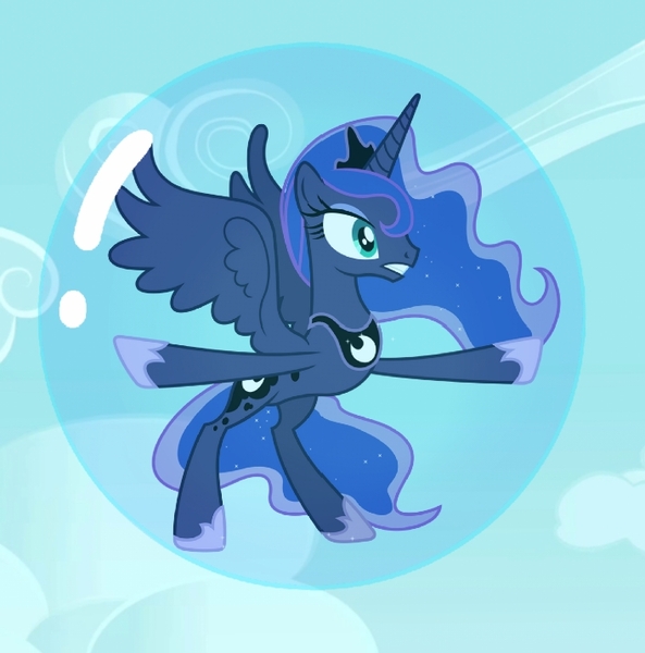 Size: 707x715 | Tagged: safe, derpibooru import, princess luna, alicorn, bondage, bubble, encasement, floating, image, in bubble, jpeg, sky, soap bubble, trapped