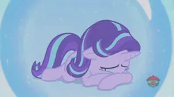 Size: 1283x720 | Tagged: safe, derpibooru import, screencap, starlight glimmer, a royal problem, bubble, crying, force field, image, in bubble, jpeg, magic bubble, sad, starlight glimmer is not amused, unamused