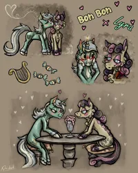 Size: 2160x2700 | Tagged: safe, artist:deidad dissitum, derpibooru import, bon bon, lyra heartstrings, sweetie drops, earth pony, pony, unicorn, blushing, cutie mark, drink, duo, duo female, female, flower, image, lesbian, lyrabon, married couple, png, redesign, romance, rose, shipping, smooch, smoothie