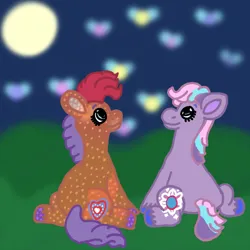 Size: 1200x1200 | Tagged: safe, artist:mintwhistle, derpibooru import, tangerine twinkle, twilight twinkle, earth pony, firefly (insect), insect, pony, g3, atg 2023, blurry background, butt, colored hooves, duo, duo female, female, glitter, image, looking at something, mare, medibang paint, moon, newbie artist training grounds, night, plot, png, sitting, smiling, translucent, unshorn fetlocks