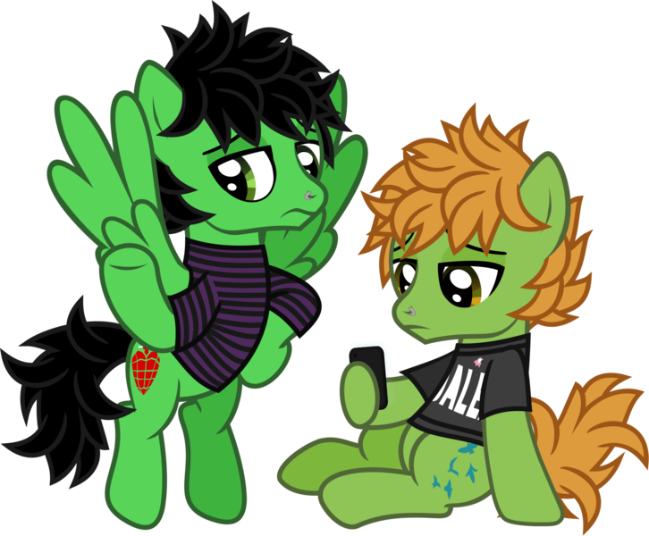 Size: 1719x1421 | Tagged: safe, artist:lightningbolt, derpibooru import, ponified, earth pony, pegasus, pony, .svg available, all time low, billie joe armstrong, clothes, derpibooru exclusive, duo, duo male, flying, frown, green day, hoof hold, hoof on hip, image, lidded eyes, looking back, looking down, male, mobile phone, nose piercing, phone, piercing, png, shirt, show accurate, simple background, sitting, smartphone, spread wings, stallion, striped shirt, t-shirt, transparent background, undershirt, vector, wings, zack merrick