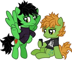 Size: 1719x1421 | Tagged: safe, artist:lightningbolt, derpibooru import, ponified, earth pony, pegasus, pony, .svg available, all time low, billie joe armstrong, clothes, derpibooru exclusive, duo, duo male, flying, frown, green day, hoof hold, hoof on hip, image, lidded eyes, looking back, looking down, male, mobile phone, nose piercing, phone, piercing, png, shirt, show accurate, simple background, sitting, smartphone, spread wings, stallion, striped shirt, t-shirt, transparent background, undershirt, vector, wings, zack merrick