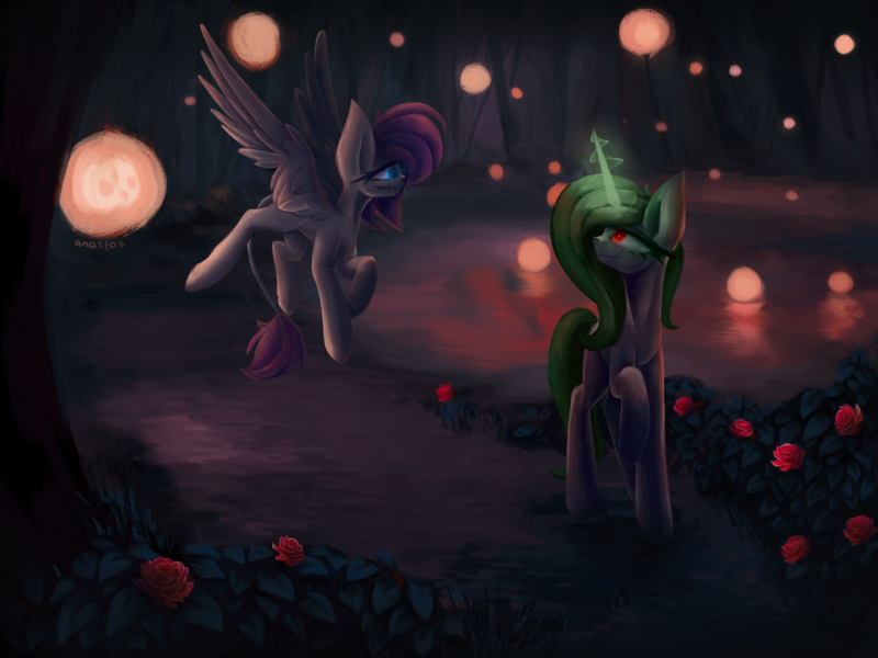 Size: 4000x3000 | Tagged: safe, artist:anastas, derpibooru import, firefly, oc, oc:amethyst dawn, oc:minerva, unofficial characters only, pegasus, pony, unicorn, g1, blue eyes, bush, detailed background, eyelashes, flower, glow, glowing eyes, glowing horn, gray coat, green hair, green mane, grey fur, grin, horn, image, lake, leonine tail, night, png, pond, porch, purple hair, purple mane, red eyes, rose, shading, smiling, tail, tree, water, white coat, white fur