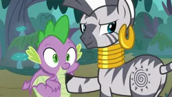 Size: 1920x1080 | Tagged: safe, derpibooru import, screencap, spike, zecora, dragon, zebra, molt down, season 8, spoiler:s08, 1080p, butt, cute, duo, female, hoof on chest, image, jpeg, male, plot, spikabetes, winged spike, wings, zecorass