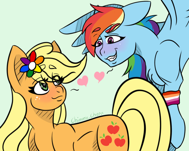 Size: 1280x1024 | Tagged: safe, artist:chimmycherr, derpibooru import, applejack, rainbow dash, earth pony, pegasus, pony, appledash, chest fluff, female, freckles, image, lesbian, mare, png, pride, pride month, shipping, simple background, smiling, wings