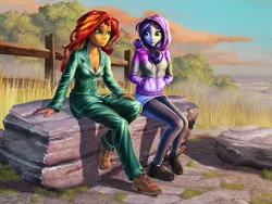 Size: 1200x900 | Tagged: safe, artist:harwick, derpibooru import, starlight glimmer, sunset shimmer, fanfic:what my destiny is telling me, equestria girls, clothes, commission, duo, image, jpeg, outdoors, pajamas, sitting, sunrise