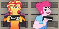 Size: 4000x2000 | Tagged: safe, artist:orin331, derpibooru import, pinkie pie, sunset shimmer, equestria girls, equestria girls series, sunset's backstage pass!, spoiler:eqg series (season 2), barbie mugshot meme, bubble berry, clothes, equestria guys, image, male, meme, mugshot, png, rule 63, sunset glare