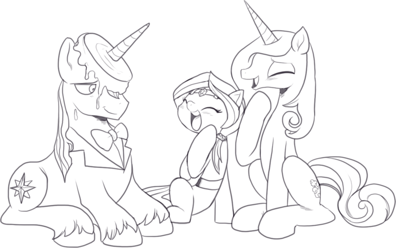 Size: 1228x770 | Tagged: safe, artist:nauyaco, derpibooru import, fleur-de-lis, prince blueblood, oc, pony, black and white, female, fleur-de-blueblood, fleurblood, food, grayscale, horn, horn impalement, image, laughing, lying down, male, monochrome, offspring, pancakes, parent:fleur-de-lis, parent:prince blueblood, parents:fleur-de-blueblood, png, prone, shipping, simple background, straight, white background
