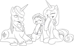 Size: 1228x770 | Tagged: safe, artist:nauyaco, derpibooru import, fleur-de-lis, prince blueblood, oc, pony, black and white, female, fleur-de-blueblood, fleurblood, food, grayscale, horn, horn impalement, image, laughing, lying down, male, monochrome, offspring, pancakes, parent:fleur-de-lis, parent:prince blueblood, parents:fleur-de-blueblood, png, prone, shipping, simple background, straight, white background