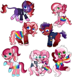 Size: 3000x3200 | Tagged: safe, artist:whimsicalseraph, derpibooru import, oc, oc:cranberry cobbler, oc:currant ribbons, oc:mulberrywine, oc:pineberry pie, oc:snake bites, oc:thimbleberry jam, oc:wineberry tart, oc:winterberry parfait, unofficial characters only, earth pony, pegasus, pony, unicorn, aromantic pride flag, bigender pride flag, bisexual pride flag, colored wings, curved horn, demiboy pride flag, demigirl pride flag, ear piercing, eyeshadow, female, horn, image, incest, intersex, intersex pride flag, lesbian pride flag, lip piercing, makeup, male, missing cutie mark, offspring, pansexual pride flag, piercing, png, polyamory pride flag, pride, pride flag, pride month, pride ponies, product of incest, siblings, simple background, transgender pride flag, transparent background, twincest, twins, unshorn fetlocks, wings