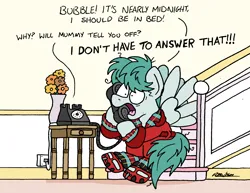 Size: 2072x1602 | Tagged: safe, artist:bobthedalek, derpibooru import, oc, oc:clippy ticket, unofficial characters only, pegasus, pony, atg 2023, bathrobe, bed mane, clothes, image, messy mane, newbie artist training grounds, pajamas, phone, png, robe, stairs