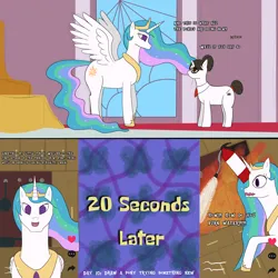 Size: 4000x4000 | Tagged: safe, artist:khazard, derpibooru import, princess celestia, raven, alicorn, pony, unicorn, atg 2023, canterlot castle, cooking, female, fire, fire extinguisher, image, kitchen, newbie artist training grounds, png, reference, spongebob reference, spongebob squarepants, spongebob time card, stained glass, tiktok