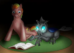 Size: 1262x910 | Tagged: safe, artist:termyotter, derpibooru import, oc, oc:macrophage, oc:spectrum gear, changeling, pony, atg 2023, book, image, jpeg, lying down, newbie artist training grounds, prone