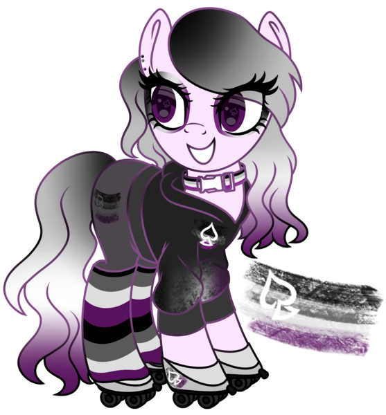 Size: 2218x2388 | Tagged: safe, artist:kb-gamerartist, derpibooru import, oc, oc:roller ace, unofficial characters only, earth pony, pony, asexual, asexual pride flag, clothes, collar, ear piercing, earring, eyeshadow, female, grin, hoodie, hoof shoes, image, jewelry, makeup, mare, multicolored hair, piercing, png, pride, pride flag, roller skates, see-through, simple background, skates, smiling, solo, transparent background, wingding eyes