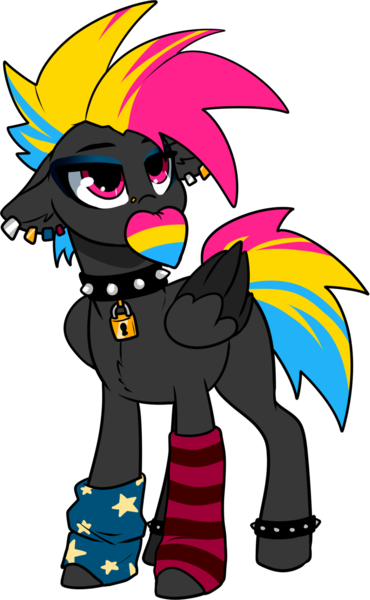 Size: 960x1556 | Tagged: safe, artist:smilesupsidedown, derpibooru import, oc, oc:panoramic riffs, unofficial characters only, pegasus, pony, anklet, bracelet, clothes, collar, ear piercing, earring, eyeshadow, female, heart, image, jewelry, makeup, mare, mouth hold, multicolored hair, nose piercing, nose ring, pansexual, pansexual pride flag, piercing, png, pride, pride flag, pride pony, simple background, socks, solo, spiked wristband, striped socks, transparent background, wristband